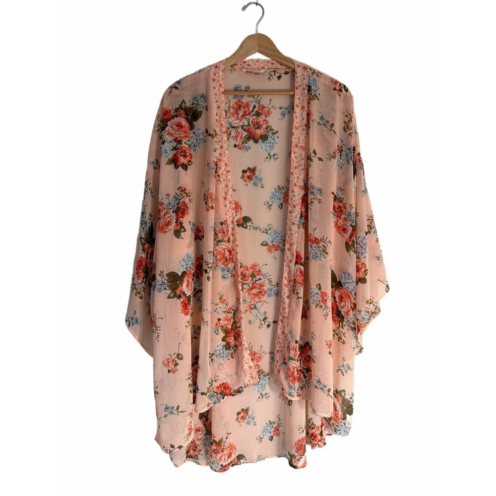 BOG Collective Boho Kimono Cover Up Pink Floral Sheer Cottagecore Open Front M/L